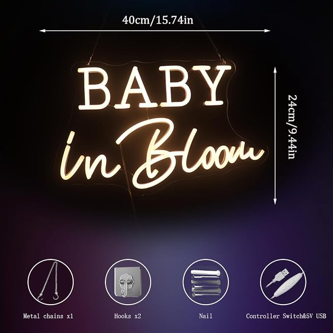 Baby In Bloom Neon Signs Led Gender Reveal Party Boy/Girl Decorations Neon Letters Signs Pregnancy Announcement Party Supplies Baby Shower Yard Signs(warm white) - Image 7