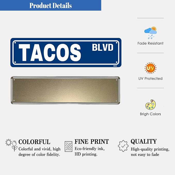 Tacos BLVD Sign Novelty Street Metal Tin Signs Road Sign for Cafes Bar Pub Beer Club Wall Home Decor 16X4 Inches - Image 3
