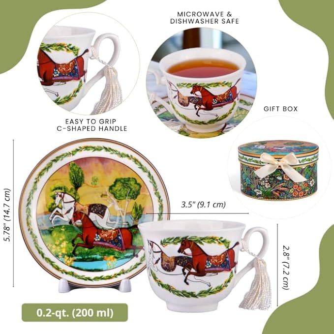 STP GOODS Bone China Tea/Coffee Cup and Saucer in Gift Box Fine Bone China Tea Cup and Saucer Set of One (Running Horse)