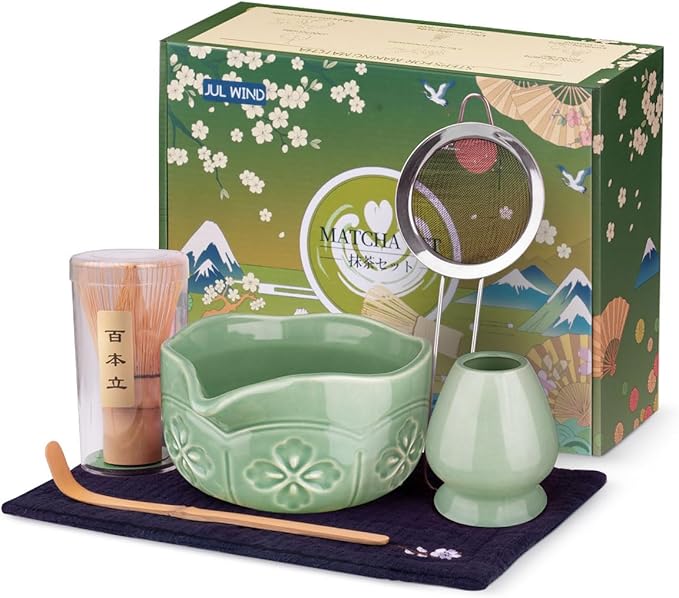 Matcha Whisk Set, Ceramic Matcha Bowl, Bamboo Whisk, Scoop, Sifter, Holder, Tea Towel - 6 Pcs Matcha Kit Gift for Matcha Lovers Beginners (Green)