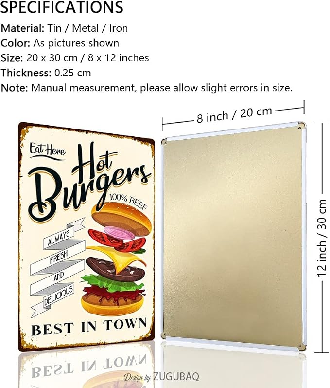 Hot Burgers Tin Signs Vintage Metal Sign Funny Food Art Printing Poster Wall Decor for Home Kitchen Bar Restaurant Cafe Pub Indoor Outdoor 12x8 Inch Hanging Plaque - Image 2