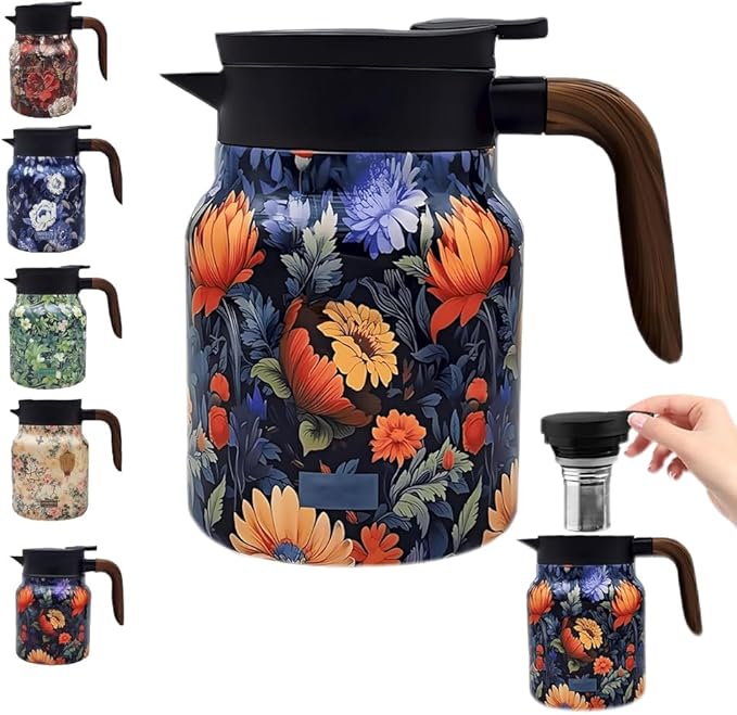 Vintage Floral Pattern Tea Pots – Built-in Infuser,Vintage Floral Teapot with Built In Infuser Stainless Steel Thermal Carafe with Lid for Hot Drinks,Purple(Wooden handle,35oz)