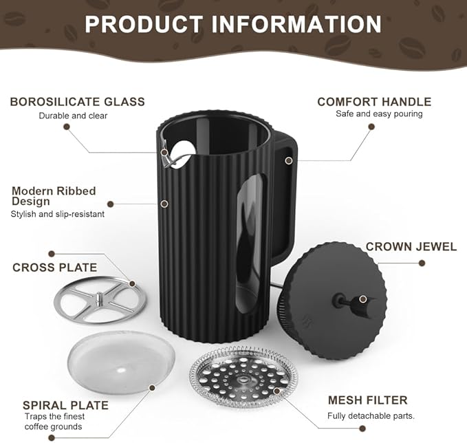 wedrink French Press Coffee Maker 34OZ, Heat Resistant Borosilicate Glass Carafe/Tea Maker Coffee Press Frother Brewer (1000ml)
