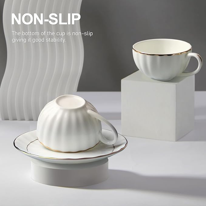 IQCWOOD Tea Cup and Saucers Set of 4(6.09oz), Bone China Tea Cups with Gold Trim, White Teacup for Tea, Milk, Latte, Mocha, Espresso, Dishwasher Safe, for Party Cafe Home