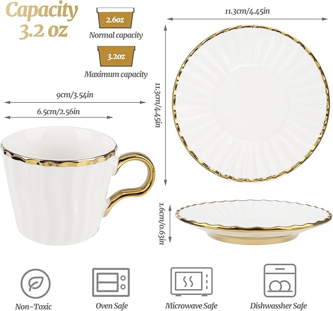 Espresso Cups with Saucers, 3.5 oz Turkish Coffee Cup With Gold Trim, Ceramic Tea Cups for Espresso Cappuccino Latte Mocha, Idea Gift, Dishwasher & Microwave Safe (Gold)