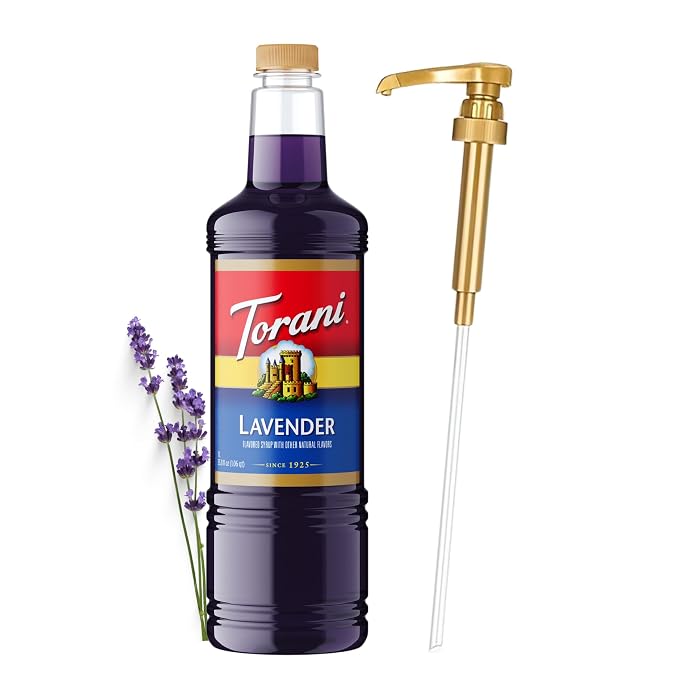 Torani Lavender Syrup 1 Liter Bottle with Pump – Premium Floral Flavoring with Pure Cane Sugar & Natural Ingredients for Coffee, Lattes, Cocktails, Lemonade, Desserts & More by Torani
