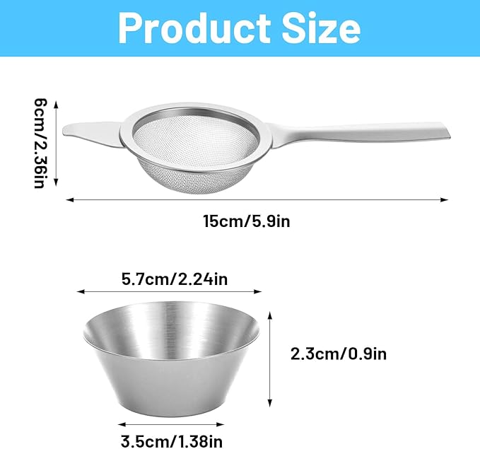 2 Pcs 2.36 Inch Mini Matcha Sifter, 30 Fine Mesh Stainless Steel Tea Strainer Dual-Use Matcha Sifter with Drip Cup for Loose Tea Coffee(silver)