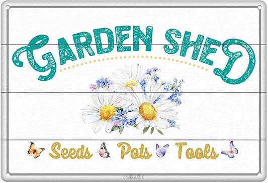 Garden Shed Sign Retro White Wood Grain Art Print Poster Wall Decor Vintage Garden Metal Signs Outdoor Home Bar Kitchen Cafe Farmhouse 12x8 Inch Aluminium Hanging Plaque by WEGUZIX