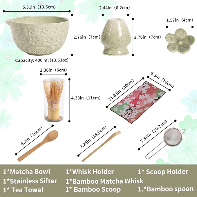 8-Piece Matcha Ceremony Set - Tea Kit with Cherry Blossom Bowl, Bamboo Whisk, Wood Scoops, Tea Cloth & Floral Display - Gift-Ready Pink Cherry color box (Matcha color)