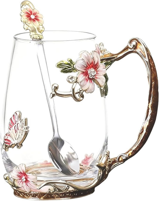 Flower Glass Coffee Tea Cup With Spoon Set Ideal Gifts For Mom Women Christmas Stocking Stuffers Valentine's Day Birthday Gifts For Her Girlfriend Wife Nice Present From Daughter Son (Red-Tal)
