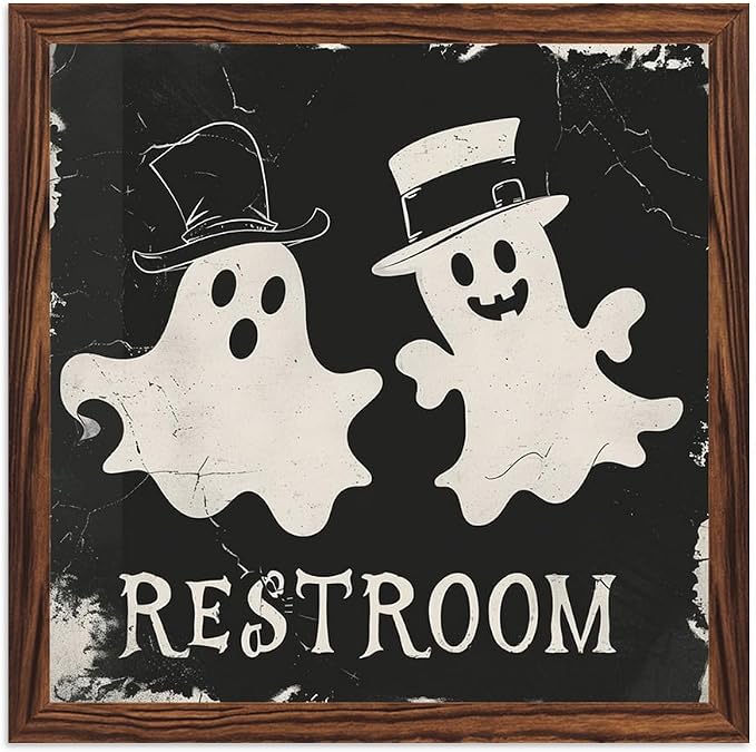 Vintage Halloween Cute Ghosts Bathroom Decor Restroom Wooden Sign 7.87x7.87 Inch, Halloween Wall Art Wooden Sign For Bathroom, Cafe, Bar, Office Hanging Decor by Nwijvsn