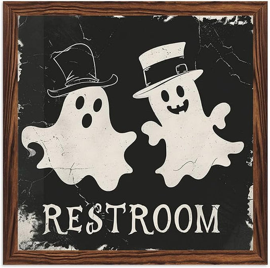 Vintage Halloween Cute Ghosts Bathroom Decor Restroom Wooden Sign 7.87x7.87 Inch, Halloween Wall Art Wooden Sign For Bathroom, Cafe, Bar, Office Hanging Decor by Nwijvsn