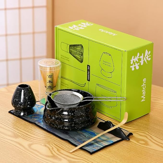 Matcha Set Matcha Whisk Matcha Bowl With Water Ladle Matcha Whisk Holder Tea Making Kit.Japanese Tea Set(7pcs)+1Spoon，Celadon Blue gift set… (Black spots)