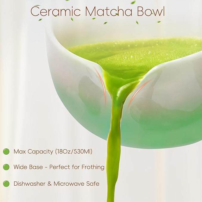 Matcha Whisk Set, Ceramic Matcha Set Includes Bowl & Holder, Bamboo Whisk (Chasen), Scoop, Spoon and Sifter, 6PCS Matcha Kit Covers Everything Needed for Making Matcha (Green)
