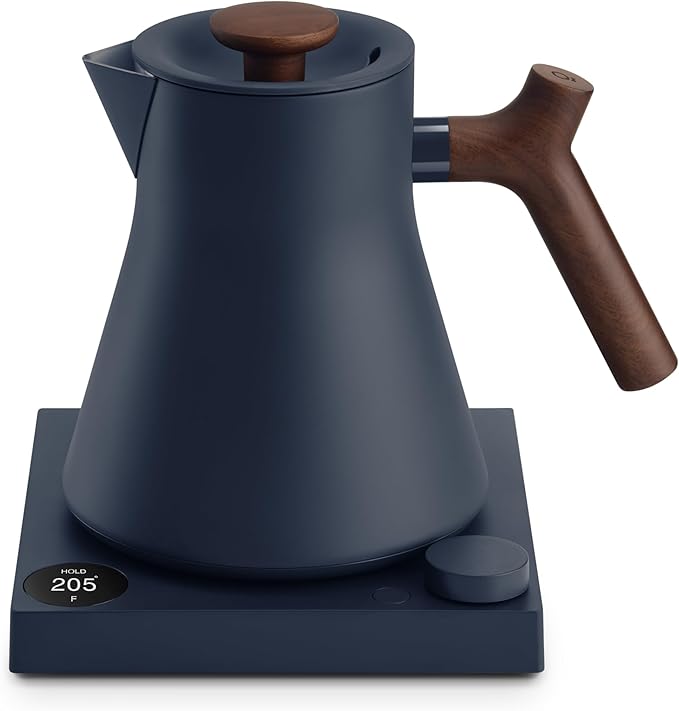 Fellow Corvo EKG Pro Electric Tea Kettle - Quick Heating, Precise Temperature Control Electric Kettle, Scheduling, Built-in Brew Timer for Boiling Water - Stone Blue with Walnut Handle - 0.9 Liter