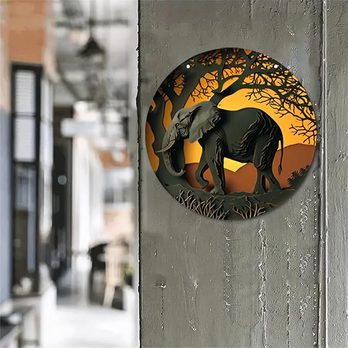 1pc 8x8in/20cm*20cm Round Wooden Hanging Sign, Imitation Hollow Painting Round Garland Sign Sign, Office Decor, Women's Gift Elephant Theme Decoration, Home Decor - Image 3
