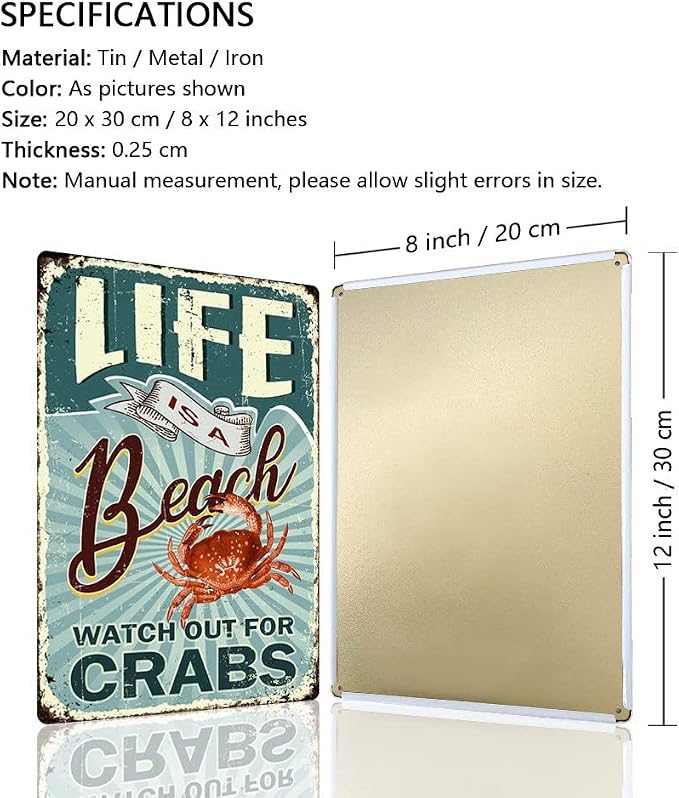 Vintage Tin Signs Wall Decor, Life Is A Beach Watch Out For Crabs, Retro Metal Sign for Outdoor Indoor Home Beach Garden Tub Bar Farmhouse Cafe Gate Fence 8X12 Inch Decorations - Image 2