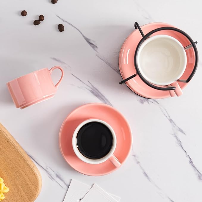 4oz Porcelain Stackable Espresso Cups with Saucers and Metal Stand Set of 4, Stackable Espresso Cups Set of 4, Pink Expresso Shots Cup Set for Coffee Drinks, Cappuccino Latte, Americano, Tea
