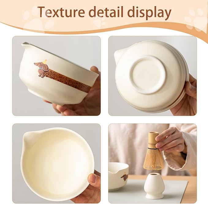Matcha Set with Dog Pattern, Japanese Matcha Whisk Set Includes Matcha Bowl with Spout, Whisk Holder, Bamboo Whisk and Scoop, Matcha Sifter, 17 oz Ceramic Matcha Kit for Tea Lovers (Beige)