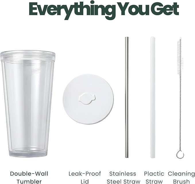 Reusable Iced Coffee Cup (24 Oz/Venti), Leak Proof and Double Wall Insulated Iced Coffee Tumbler, Come with Reusable Plastic and Metal Straws and Straw Cleaner - White