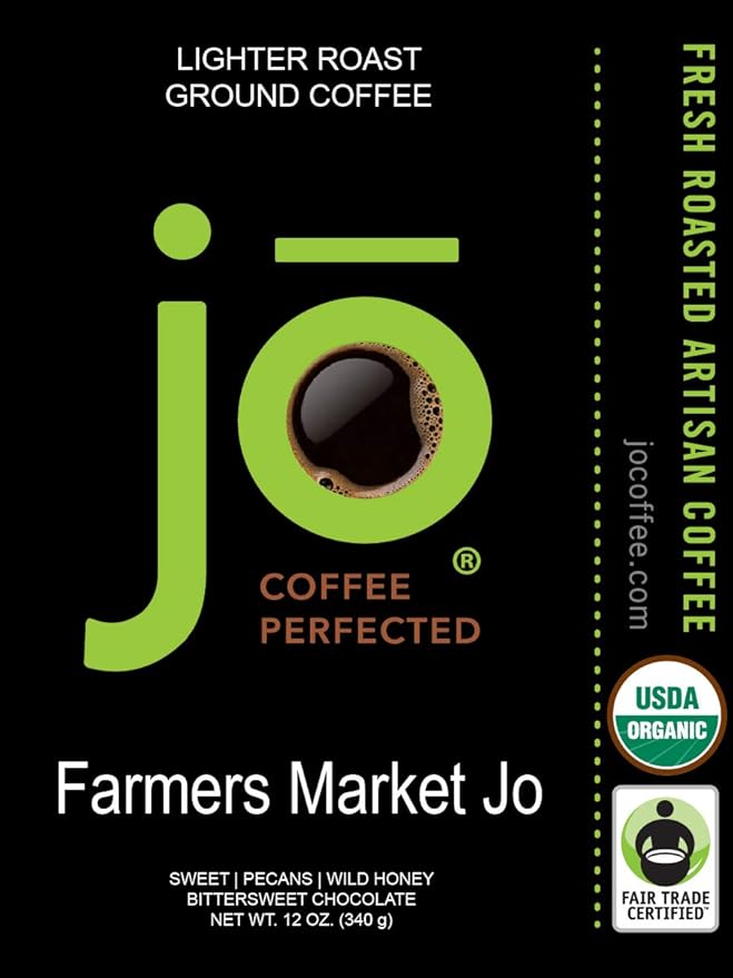 FARMERS MARKET JO: 12 oz, Organic Ground Coffee, Lighter Roast, 100% USDA Certified Organic, Fair Trade Certified, Kosher, Soft Velvet Feel, 100% Arabica Specialty Coffee, Non-GMO, Gluten Free