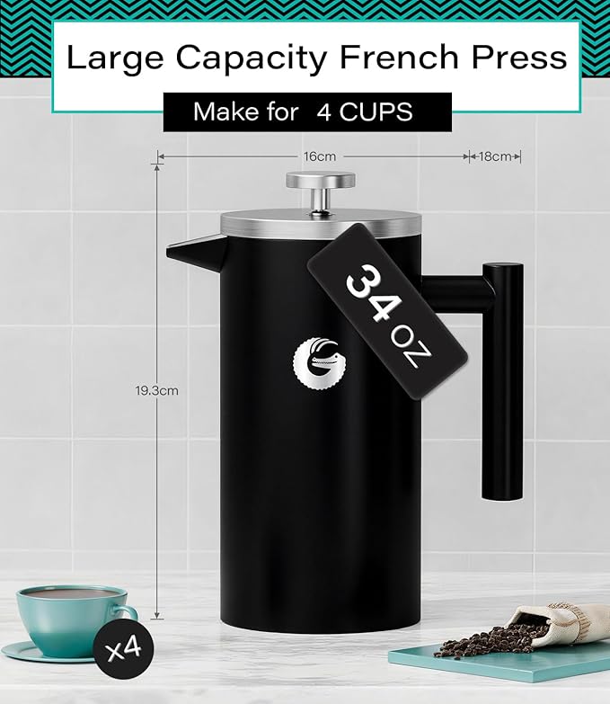 Coffee Gator 304 Grade Stainless Steel French Press Coffee Maker 34 oz, Double Wall Insulated Hot Cold Brew Teapot with 4-Level Filtration System, Include Travel Jar Canister, Rust-Free, Travel, Black