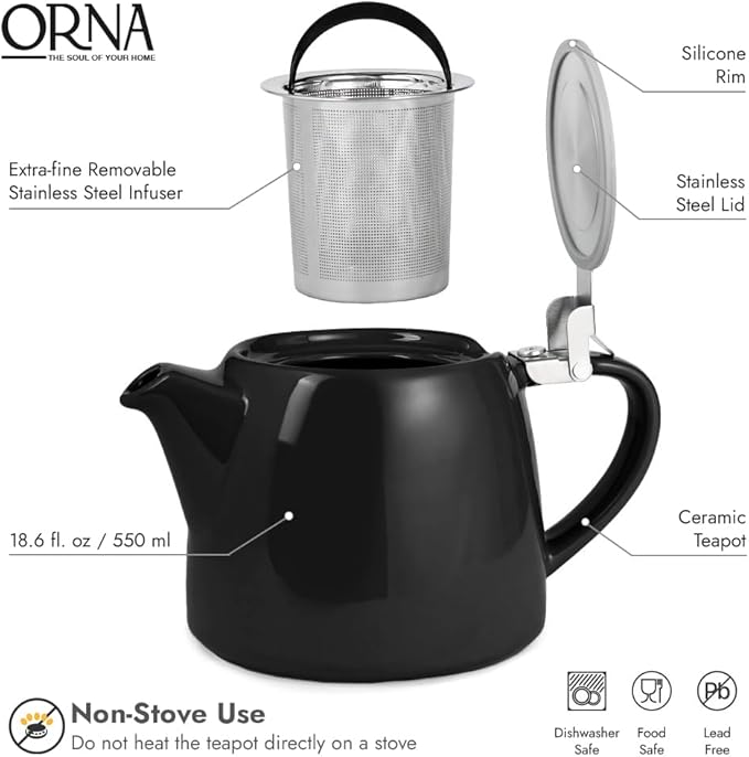 ORNA Ceramic Teapot with Tea Infuser – Small Tea Pot for Loose Leaf Tea – 550ml / 18.6 Oz Porcelain Non-Stove Teapot for 2 Cups with Tea Strainer (Black)