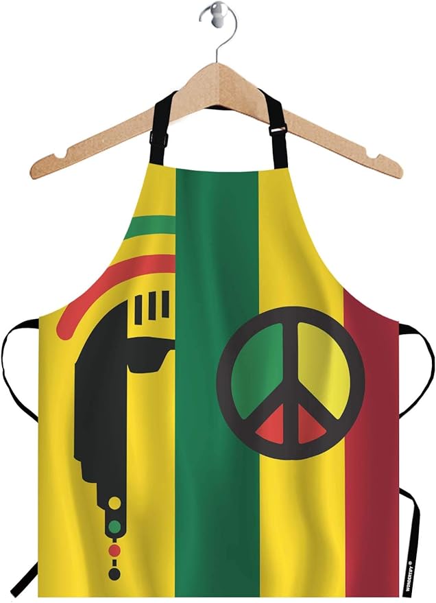 WONDERTIFY Reggae Culture Concept Design Apron,Jamaican Music Culture Hippie Rasta Style Yellow Green Red Bib Apron with Adjustable Neck for Men Women,Suitable for Home Kitchen Cook Baking BBQ Apron