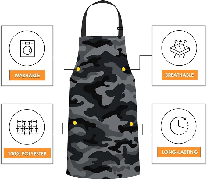 Camouflage Pattern Black and Gray Bib Apron with Adjustable Neck for Men Women,Suitable for Kitchen Cooking Chef Grill Bistro BBQ Apron - Image 4