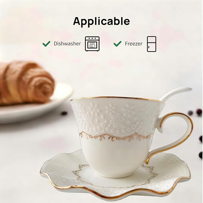 Tea Cup and Saucer Set for 1, Coffee Cup with Saucer and Spoon, Espresso Latte Cup for Women Gift, Dishwasher Safe, 6.8 Oz