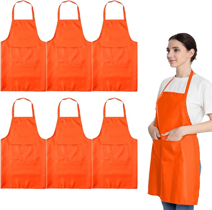 Total 6PCS Plain Color Bib Apron Adult Women Unisex Durable Comfortable with 2 Front Pocket Washable Chef for Cooking Baking Kitchen Restaurant Crafting Orange by LOYHUANG