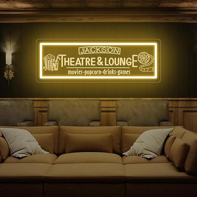 Custom Theatre & Lounge Neon Sign, Personalized Home Theater LED Neon Light, Movie Room Decor Neon Sign for Wall, Game Room, Man Cave, Home Cinema, Birthday & Housewarming Gift