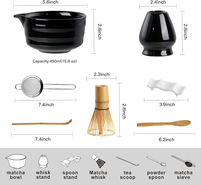 YOLIFE 7 Pcs Matcha Whisk Set, Includes Matcha Bowl with Spout, Bamboo Whisk (Chasen) with Ceramic Holder, Scoop and Powder Spoon, Sifter, Matcha Kit for Ceremony (Black)
