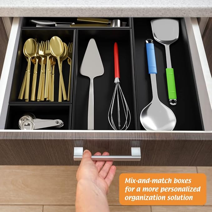 Black Bamboo Drawer Organizer - Silverware&Utensil Holder Organizer for Kitchen Drawers, Multi-Use Drawer Dividers Boxes for Bathroom Counter，Cabinet, Garage, Office Desk, Makeup, Jewelry (12"3"2.5")