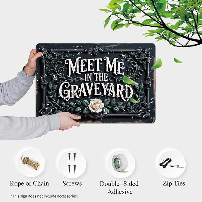 Gothic ''Meet Me In The Graveyard'' Metal Sign - 8x12 Inch, Vintage Halloween Art Sign For Bathroom, Pubs, Cafe, Office, Garage Decor, Halloween Party Accessories, Spooky Halloween Decor - Image 2