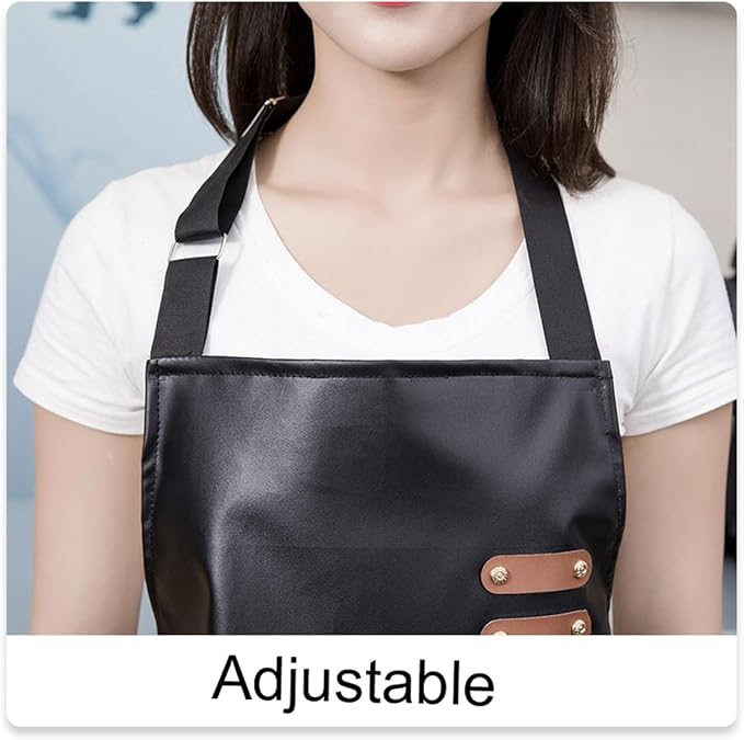 Waterproof Apron Large Pocket PU Material Waterproof Oil-proof Dust-proof Apron Black and Red - Image 2
