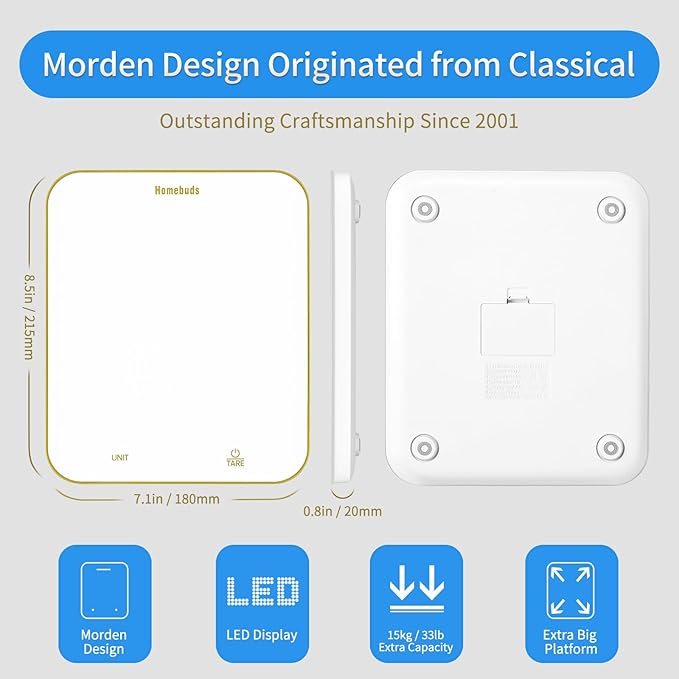 Homebuds 33lb Digital Food Scale Grams and Ounces in 1g, High Precision Assured by Kitchen Scale Professional Factory Since 2001, Gram Scale for Cooking and Baking, LED, 3*AAA, White by Golden Line