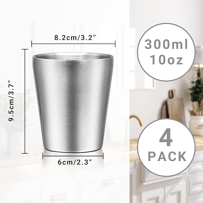 Metal Drinking Cups, 10 oz Insulated Tumbler, 4 Pack Double Wall Unbreakable Stackable Water Tumblers Insulated Stainless Steel Cups Premium Glasses for Travel Camping Home Outdoor