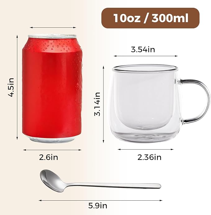 Double Wall Insulated Latte Glasses 10oz with Handle - Set of 2, Clear Glass Mugs for Cappuccino, Espresso, Tea & Hot Drinks