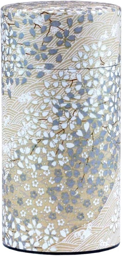 Washi Paper Tea Tin Canister: Long 7oz (200g) Cherry Bloosom with Champagne (#128), Japan
