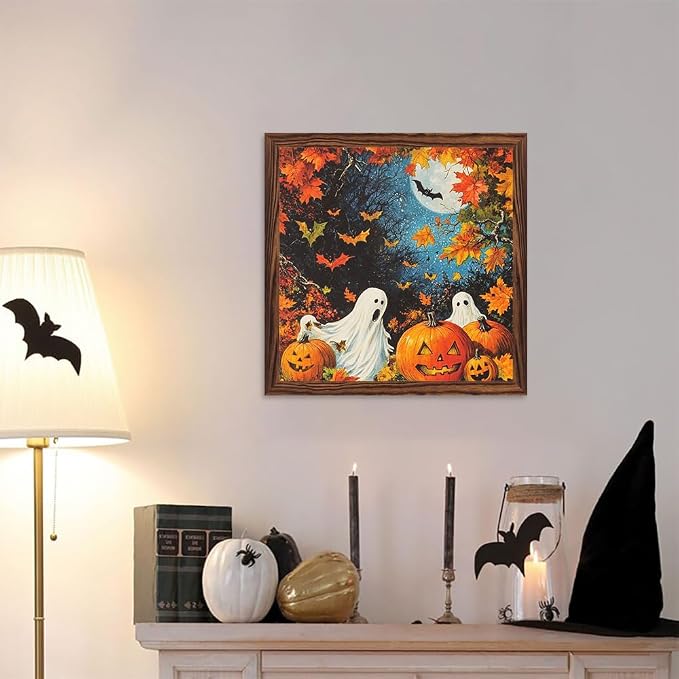 Vintage Halloween Theme Decorative Sign Spooky Ghosts & Pumpkins Art Wooden Sign, With Frame Fall Theme Sign for Home Office, Cafe, Bedroom Halloween Decor 7.87x7.87 Inch - Image 5