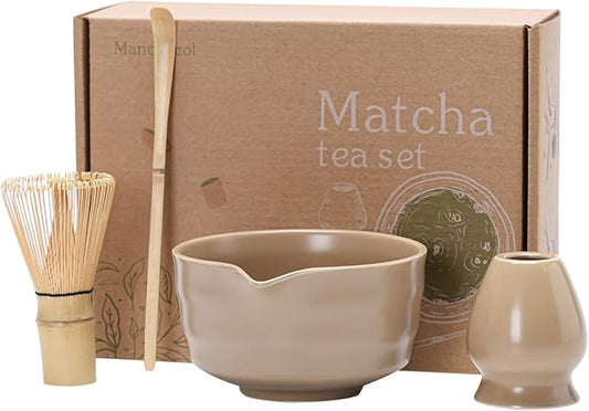 Matcha Tea Set – Traditional Japanese Ceremony Kit with 18.5OZ Ceramic Bowl, Bamboo Whisk, Scoop, and Holder – Ideal for Authentic Matcha Preparation and Gifting (Mocha Brown)