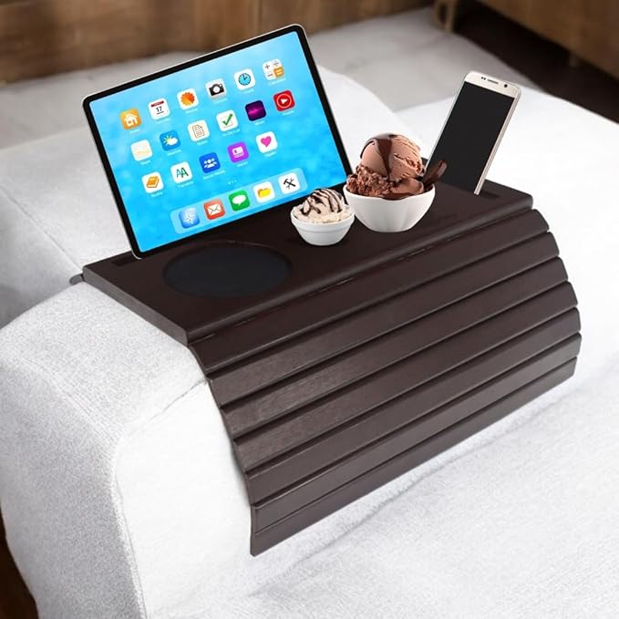 Bamboo Sofa Arm Tray, Couch Arm Table Caddy for Snacks, Drinks, Remote, Cups, Flexible & Foldable (Brown)
