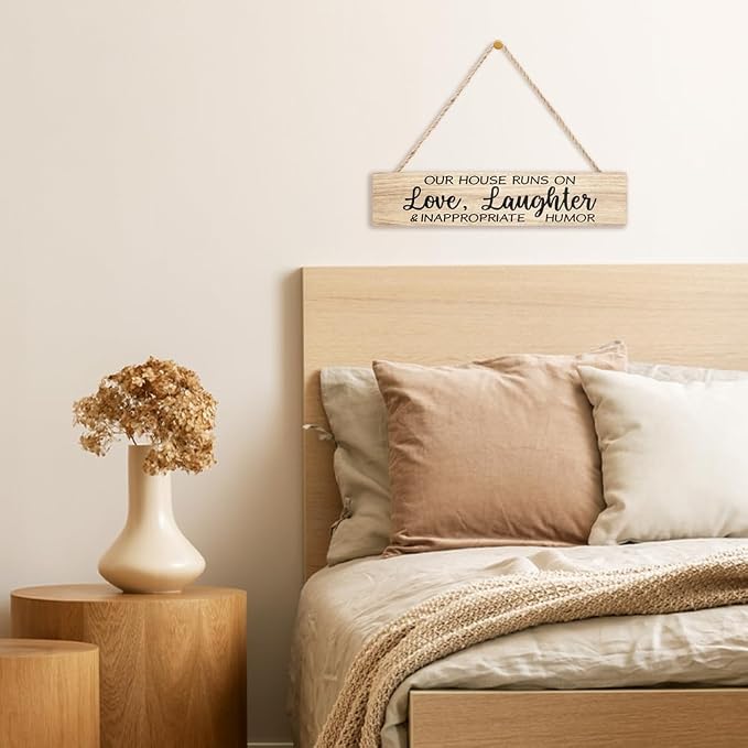 AGMDESIGN Our House Runs On Love Laughter And Inappropriate Humor Wood Sign, Home Wall Decor for Shelf Door, Heartwarming Farmhouse Kitchen Bedroom Hanging Wooden Plaque, New Home Gifts for Friends - Image 5