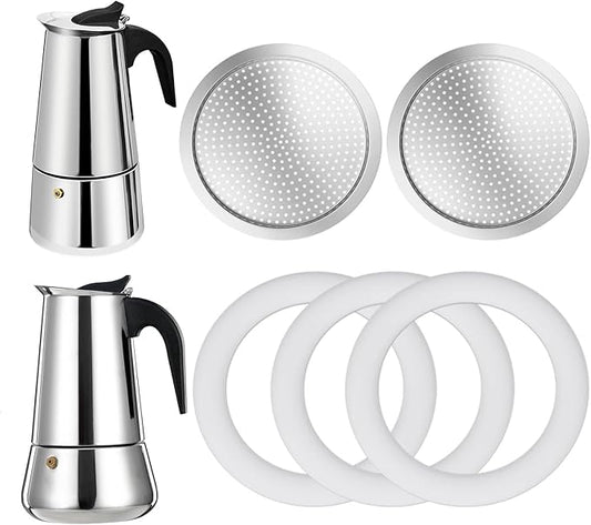 2 Pcs Filter with 3 Pcs Silicone Gasket Seals for 12 Cup Stovetop Espresso Coffee Maker Replacement Parts for Big Tummy and Straight Stainless Steel Moka Pot