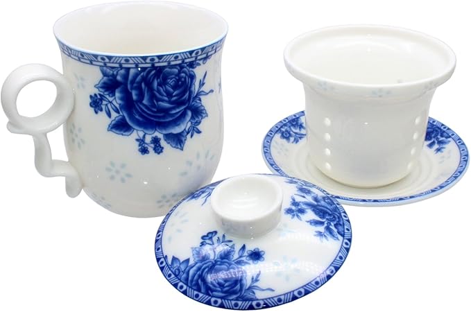 Porcelain Tea Cup with Infuser Lid and Saucer Sets - Chinese Jingdezhen Ceramics Coffee Mug Teacup Loose Leaf Tea Brewing System for Home Office