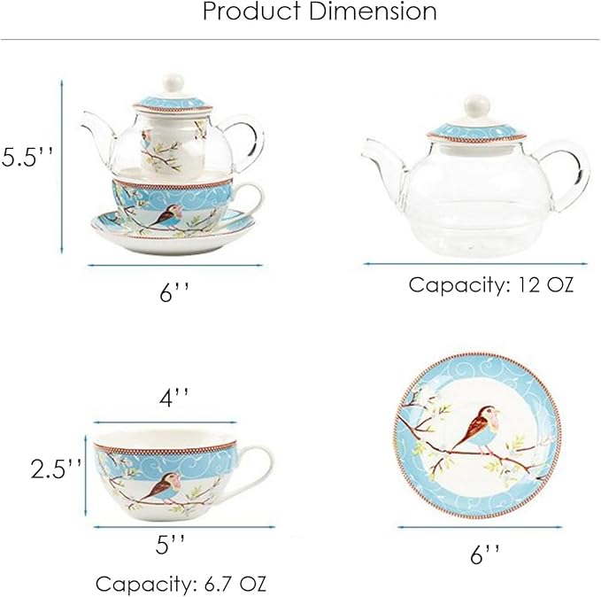 Jusalpha Glass Teapot with a Fine China Infuser Strainer, Cup and Saucer Set,Teapot and Teacup for One, Tea for one #05 (Pink)