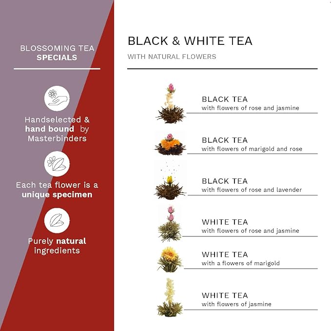 Creano Blooming Tea Gift Set with Glass Pot 17oz/500ml with 6 Flowering-Tea each 3pcs White & Black Tea