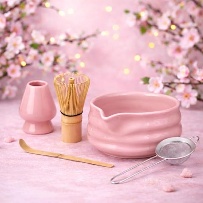 Matcha Whisk Set- Matcha Set includes Matcha Whisk and Bowl with Spout, Sifter, Holder and Scoop- The Perfect Bamboo Whisk for Matcha Tea (Pink)