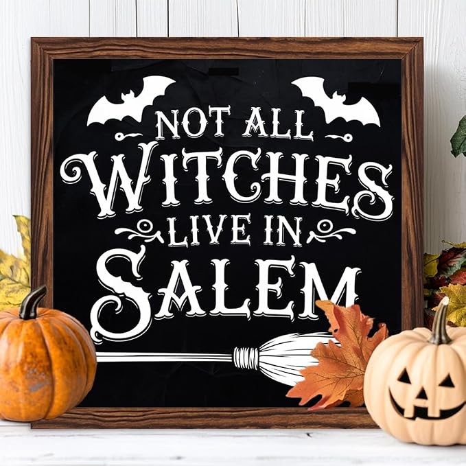 Halloween Theme Decorative Sign Not All Witches Live In Salem Wooden Sign, With Frame Witch Broom Sign for Home Kitchen, Cafe, Bedroom Halloween Decor 7.87x7.87 Inch - Image 3